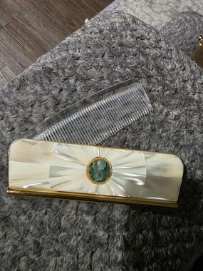 Vintage Mother of Pearl Compact Comb with Green Stone Accent